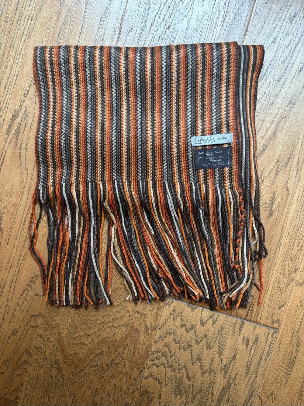 Lafayette Homme Striped Fringe Scarf in Orange, Brown, Cream. Made in France 🇫🇷